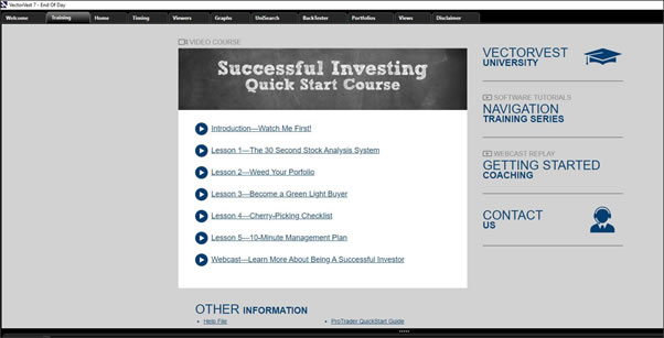 This shows the Educational page on VectorVest where you can sign up for courses